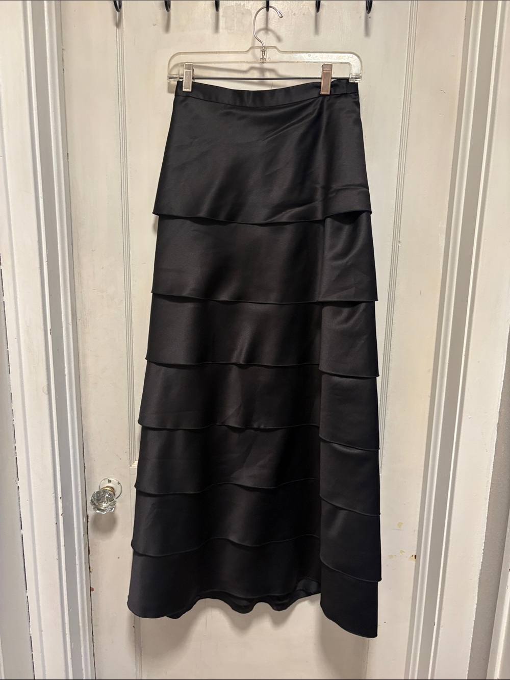 Elegant Gothic Dark Fairy Black Tiered Satin Maxi Lined Skirt 8